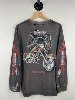 Vintage 2003 American Chopper Fire Bike Flames Thrashed Faded Black Long Sleeve