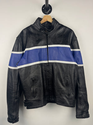 Vintage 90s Café Racer Black & Blue Leather Motorcycle Jacket