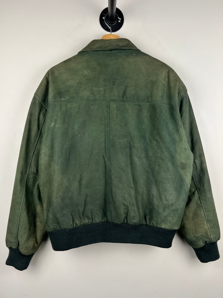 Vintage 90s American Weekend Green Leather Bomber Jacket