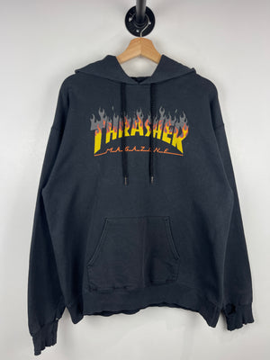 Vintage Thrasher Magazine Skateboards Flames Spellout Thrashed Black Hoodie