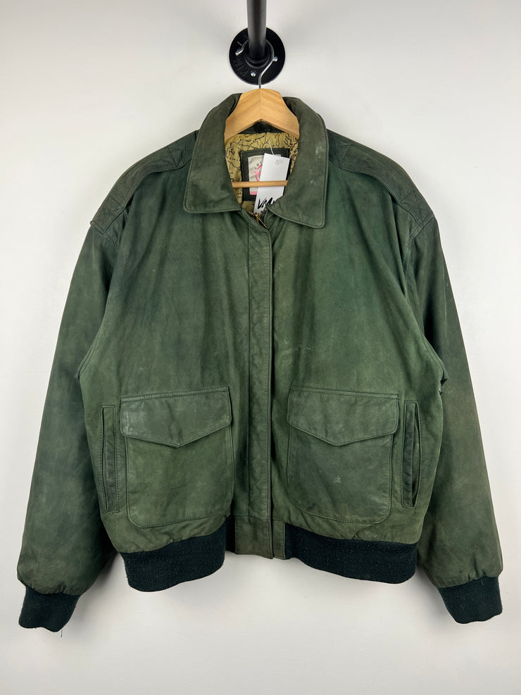 Vintage 90s American Weekend Green Leather Bomber Jacket