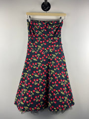 Vintage 90s M Collection Women's Black Cherry Print Sleeveless Dress