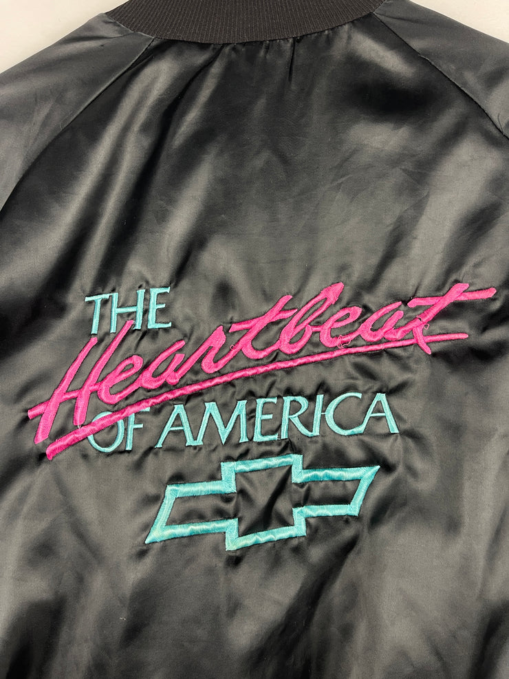 Vintage 80s Chevrolet The Heartbeat Of America Black Satin Varsity Jacket