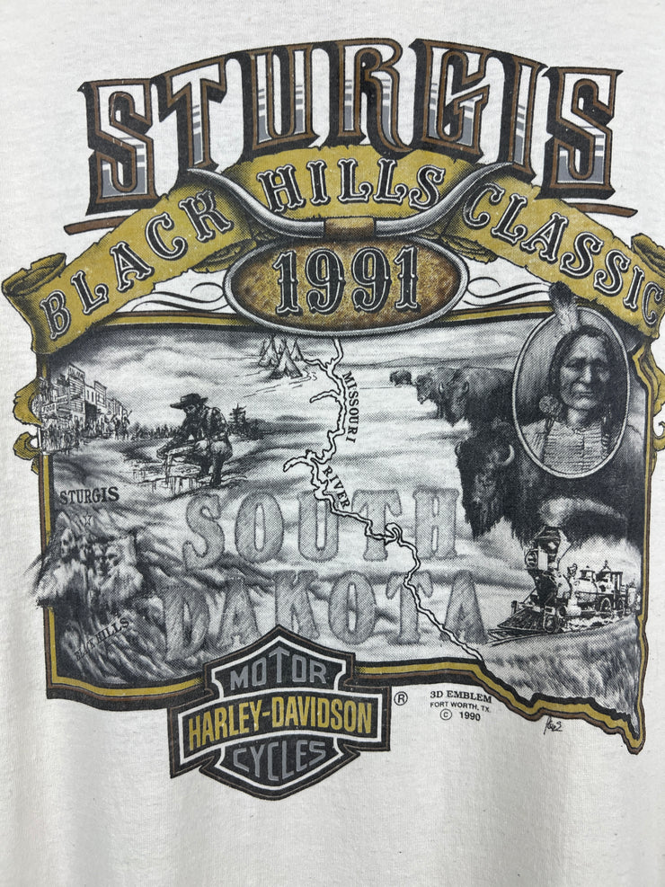 Vintage 90s Harley Davidson Sturgis Black Hills Rally 3D Emblem White Tee