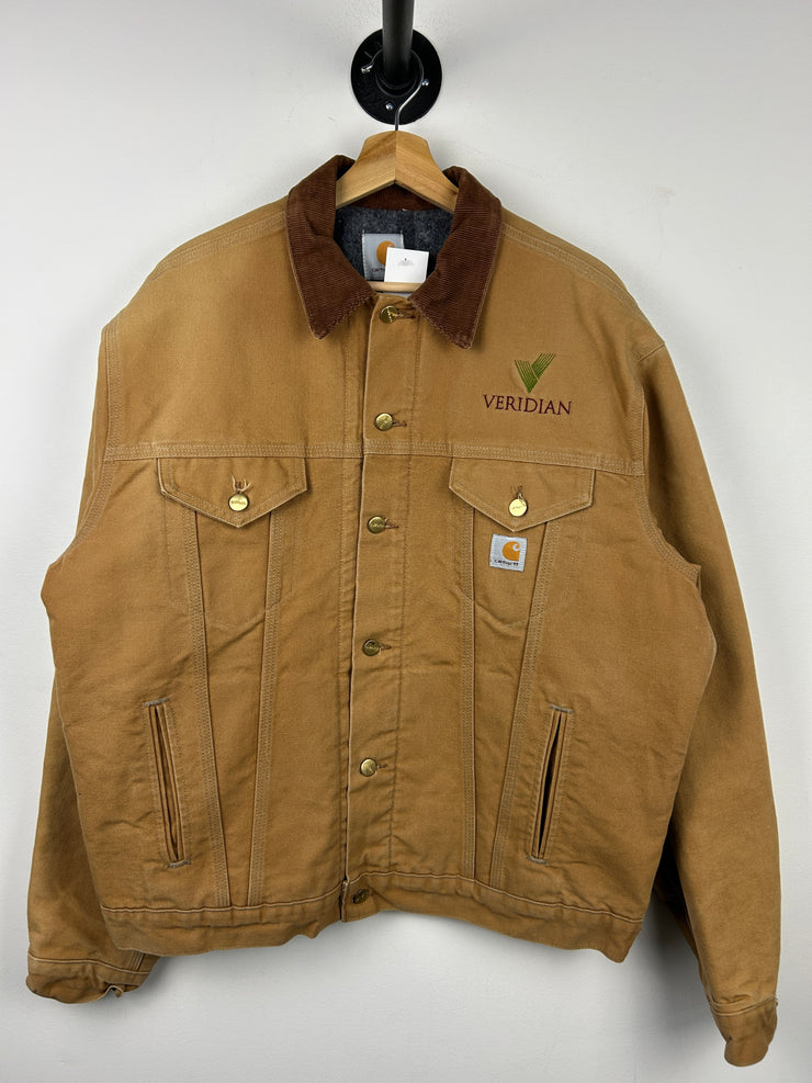 Vintage 90s Carhartt Trucker Blanket Lined Button Up Beige Jacket