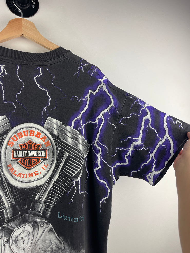 Vintage 90s Harley Davidson Illinois Thunder Lightning All Over Print Black Tee