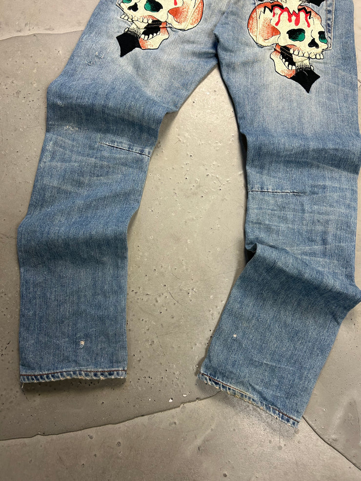 Ed Hardy Skull Cross Distressed Light Wash Blue Jeans