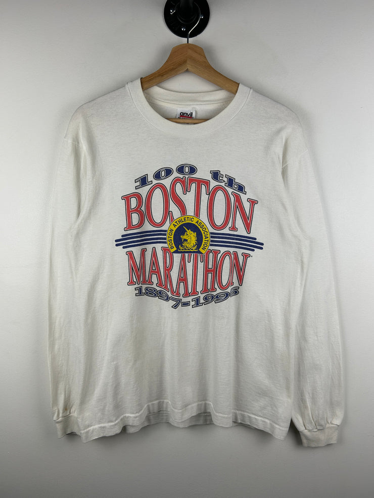 Vintage 90s Boston Marathon 100 Year Anniversary White Long Sleeve