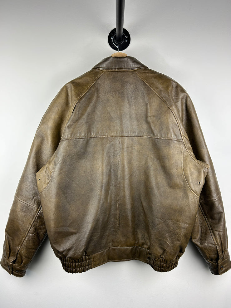 Vintage 90s Burks Bay John Deere Brown Leather Bomber Jacket