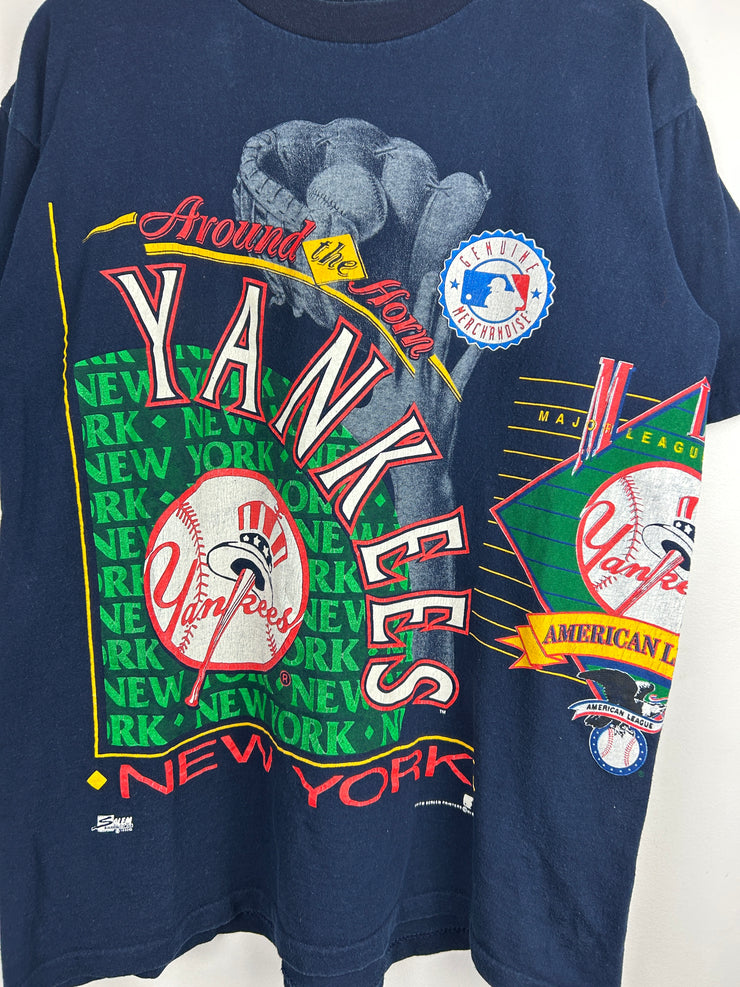 Vintage 90s MLB Salem New York Yankess All Over Print Navy Tee