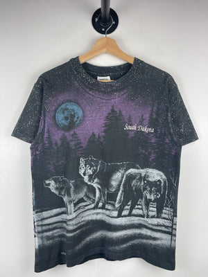 Vintage 90s South Dakota Wolf Nature All Over Print Black Tee