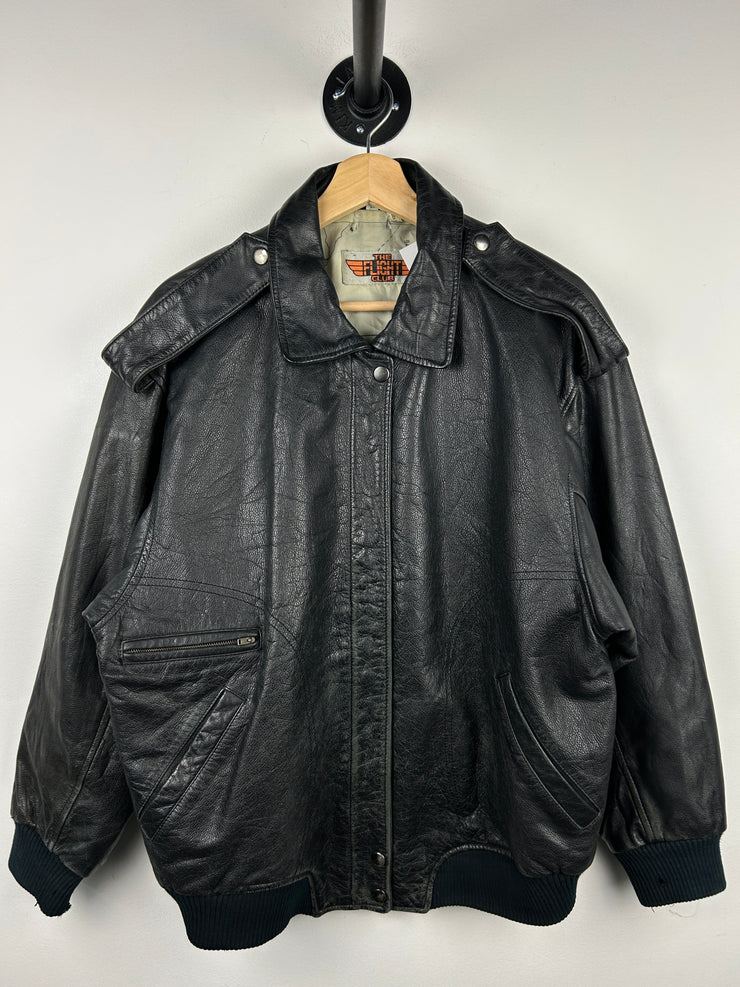 Vintage 90s Flight Club Black Leather Flight Bomber Jacket