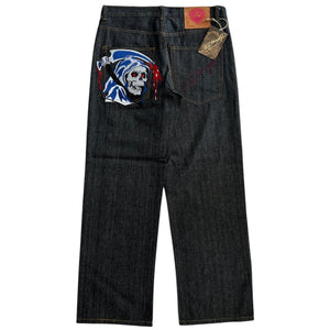 Vintage Y2K Ed Hardy Grim Reaper Embroidered Baggy Black Denim Jeans