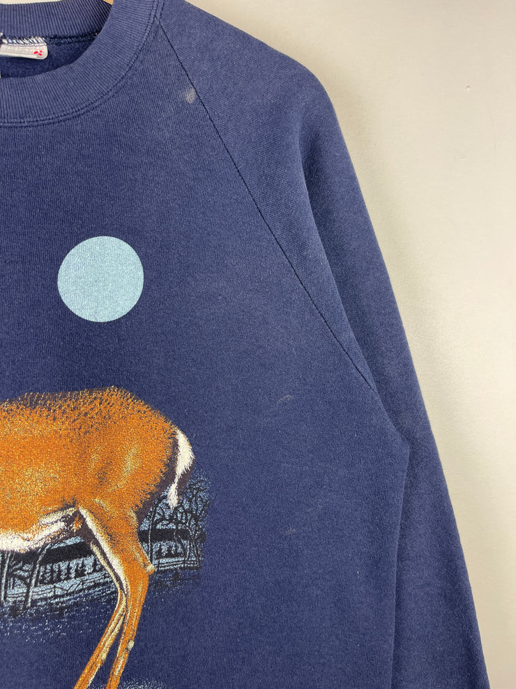 Vintage 80s Deer Nature Faded Navy Crewneck