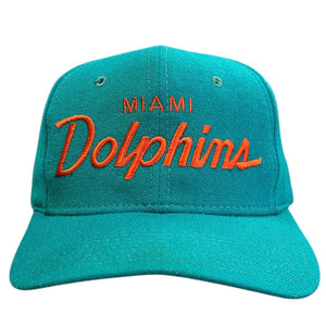 Vintage 90s NFL Sports Specialties Miami Dolphins Script Single Line Wool Teal Snapback Hat