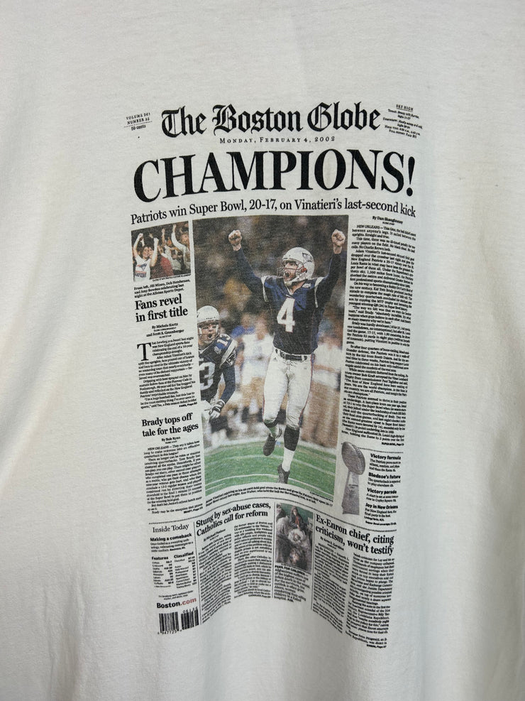 Vintage Y2K New England Patroits Champions Newspaper White Tee