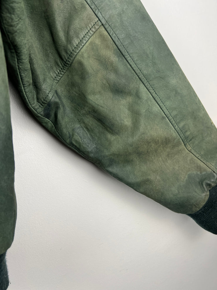 Vintage 90s American Weekend Green Leather Bomber Jacket