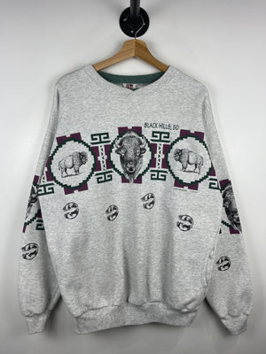 Vintage 90s Black Hills South Dakota Buffalo Aztec Wrap Around Grey Crewneck