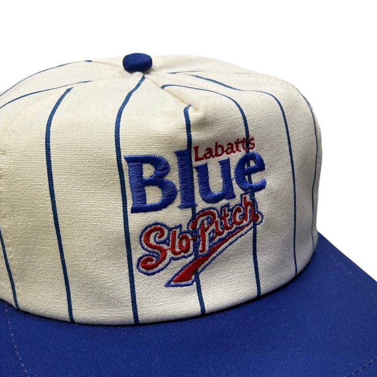 Vintage 90s Labatt Blue Beer Slo Pitch White Pin Stripe Snapback Hat