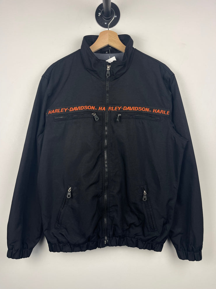 Vintage Harley Davidson Spellout Tape Seam Fleece Lined Black Bomber Jacket