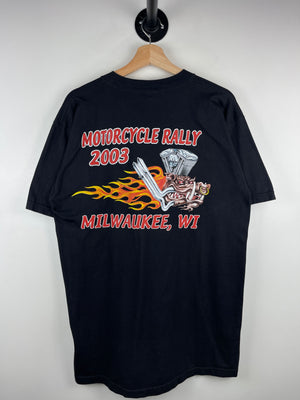 Vintage 2003 Motorcycle Rally Wisconsin Pig Flames Black Tee