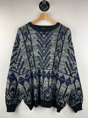 Vintage 90s Street Scenes Pattern Black & Purple Knit Sweater