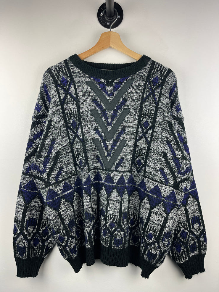 Vintage 90s Street Scenes Pattern Black & Purple Knit Sweater