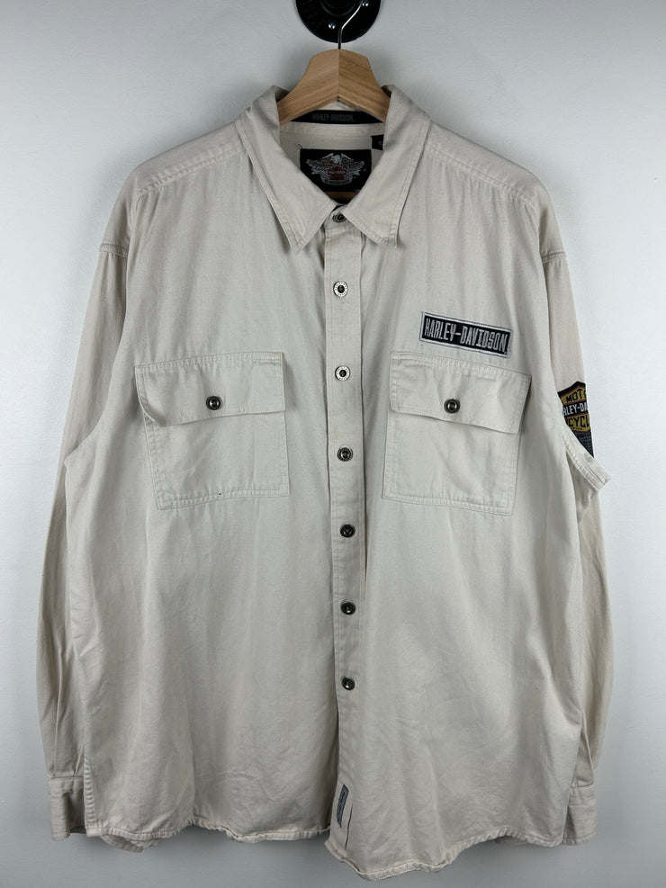 Vintage Harley Davidson Patch Cream Button Up Long Sleeve Shirt
