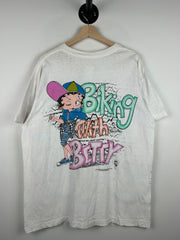 Vintage 90s Betty Boop Biking With Betty All Over Print White Tee