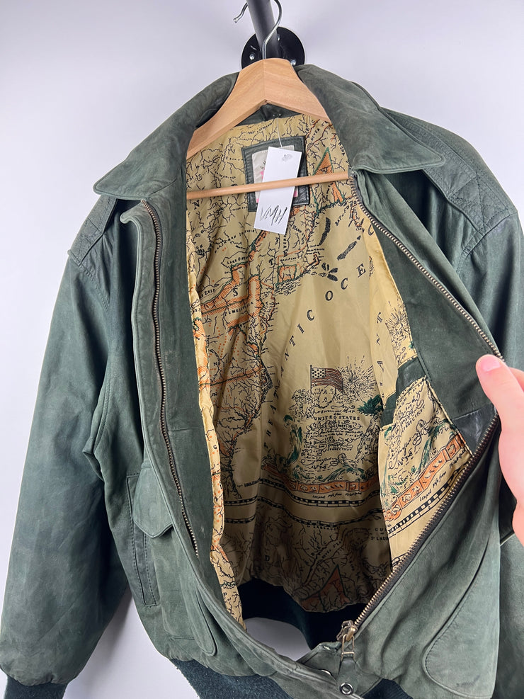 Vintage 90s American Weekend Green Leather Bomber Jacket