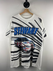 Vintage Nascar Tony Stewart Mobil 1 All Over Print White Tee