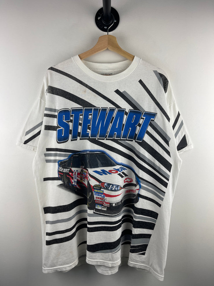 Vintage Nascar Tony Stewart Mobil 1 All Over Print White Tee