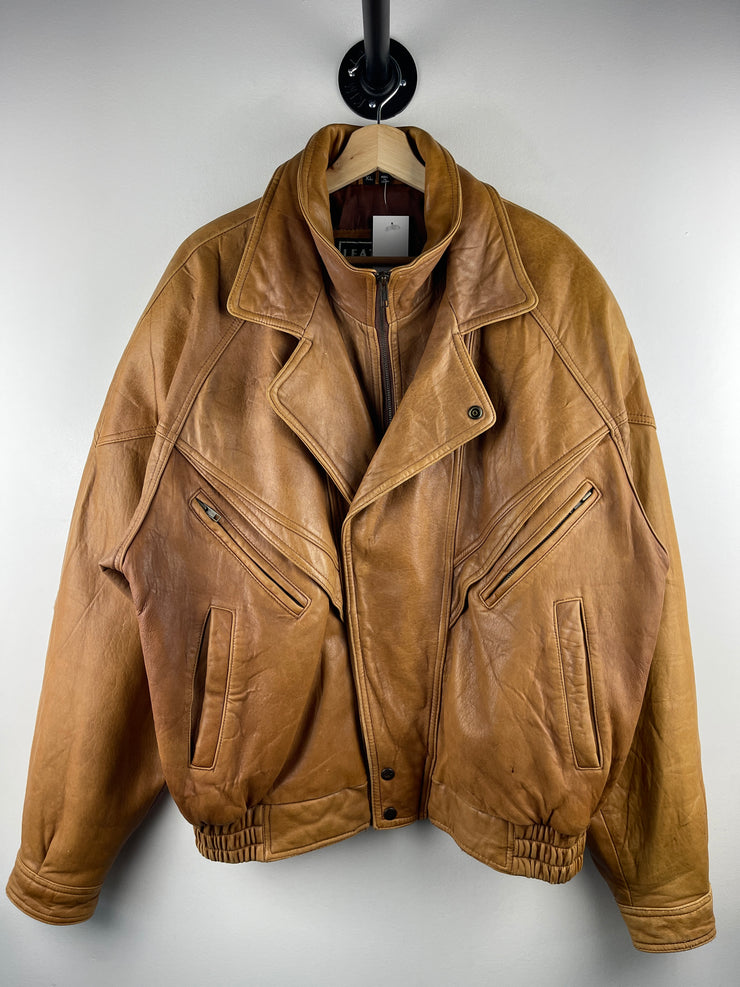 Vintage 90s Leather Limited Light Brown Leather Bomber Jacket