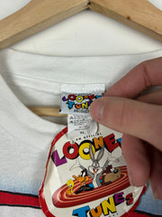 Vintage 90s Looney Tunes Taz USA American Flag Cowboy All Over Print White Tee