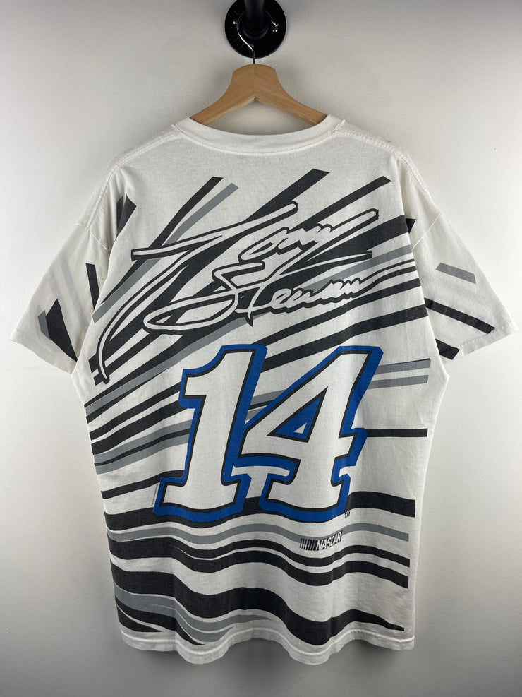 Vintage Nascar Tony Stewart Mobil 1 All Over Print White Tee