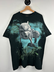 Vintage 90s Dolphins Ocean All Over Print Black Tee