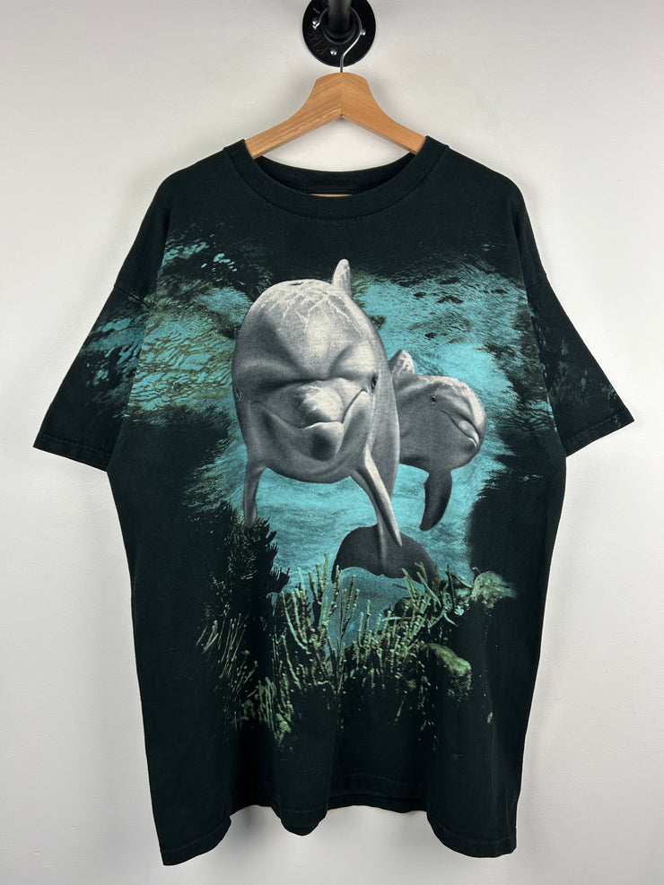 Vintage 90s Dolphins Ocean All Over Print Black Tee