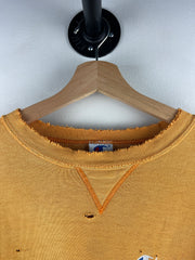 Vintage 90s Champion Embroidered Spellout Thrashed Mustard Yellow Crewneck
