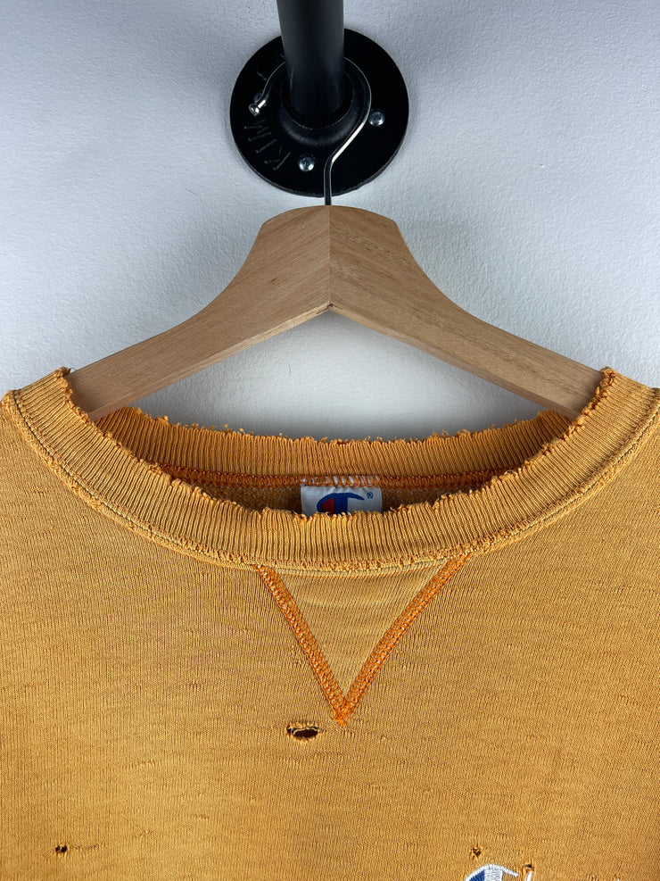 Vintage 90s Champion Embroidered Spellout Thrashed Mustard Yellow Crewneck
