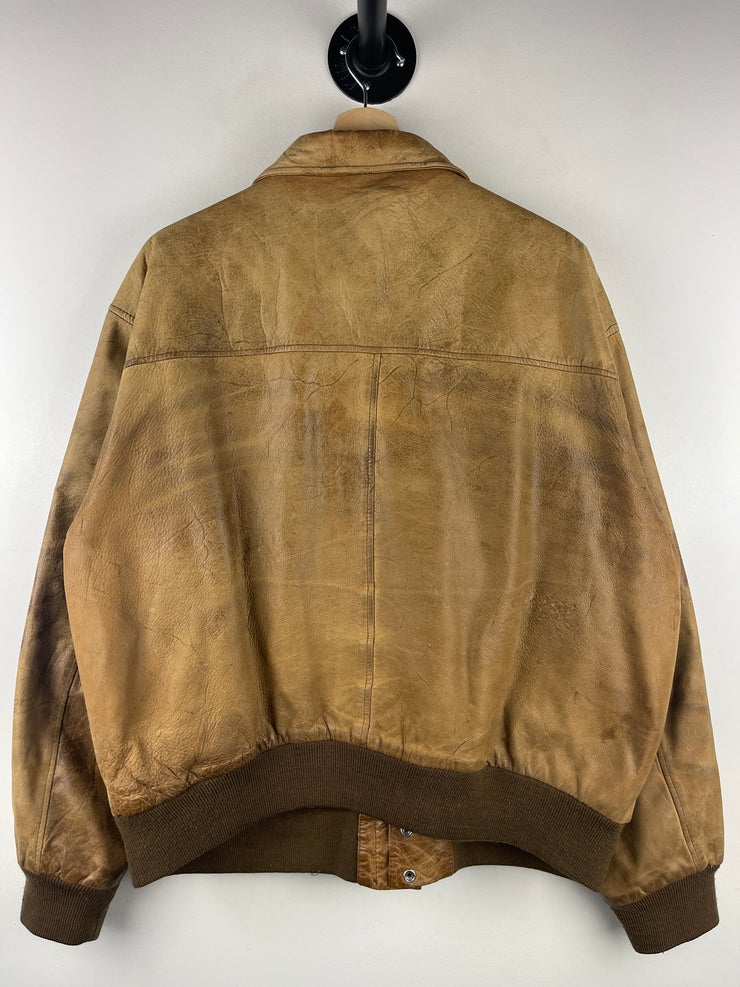 Vintage 90s Expressions Faded Brown Leather Bomber Jacket