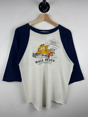 Vintage 80s Garfield Ball State University Raglan White Tee