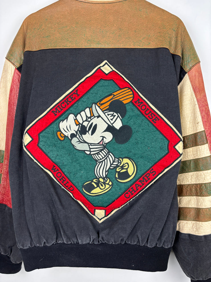 Vintage 90s Jeff Hamilton Mickey Mouse World Champs Baseball Leather Jacket
