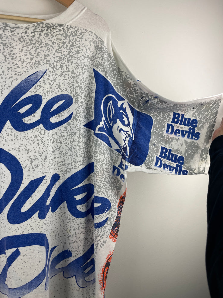 Vintage 90s Duke Blue Devils Basketball All Over Print White Tee