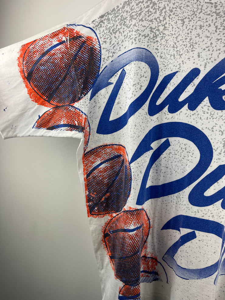 Vintage 90s Duke Blue Devils Basketball All Over Print White Tee