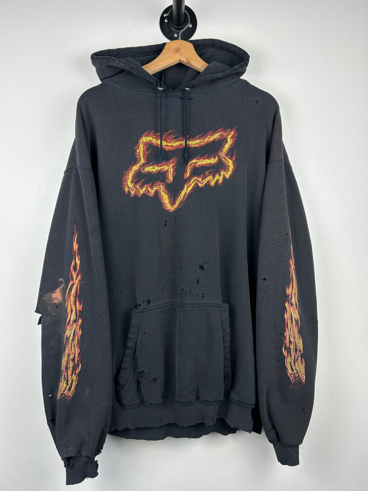 Vintage 90s Fox Racing Flames Thrashed Black Hoodie