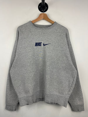 Vintage 90s Nike Swoosh Spellout Embroidered Grey Crewneck