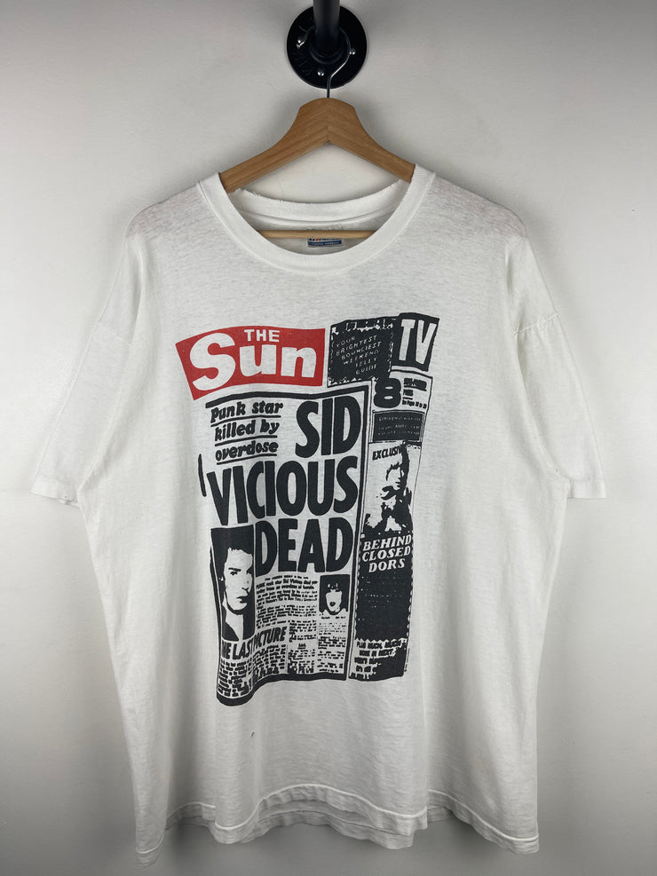 Vintage 90s Sex Pistols Sid Vicious Dead Newspaper White Tee