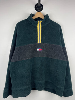 Vintage 90s Tommy Hilfiger Green Sherpa Fleece Quarter Zip Sweater