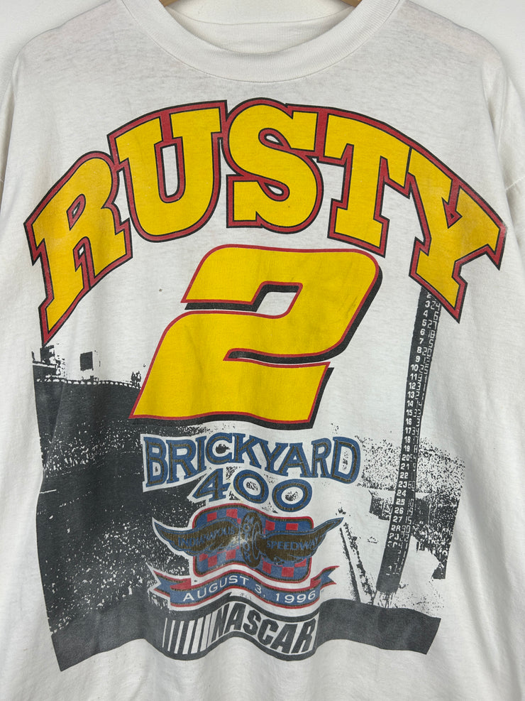 Vintage 90s Nascar Rusty Wallace Brickyard 400 White Tee