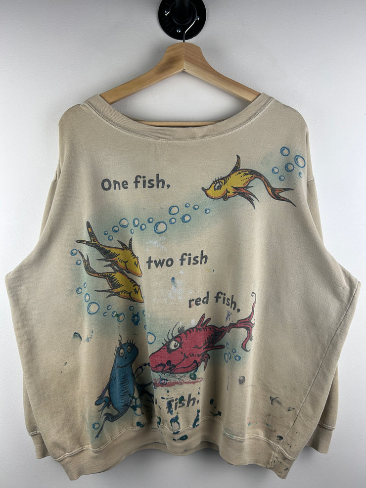 Vintage 90s Dr. Seuss One Fish Two Fish Red Fish Blue Fish Beige Crewneck